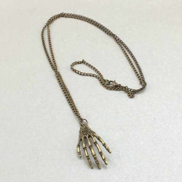 Skeletal Hand Pendant Necklace Antiqued Metal Costume Jewelry Unisex - Picture 1 of 7